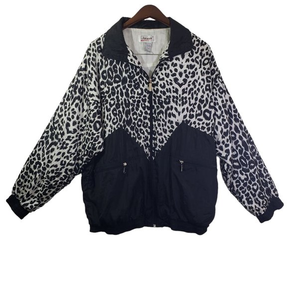 JANEVE Women's XL White, Black Animal Print Vintage, Windbreaker, Zip-up Jacket - Picture 1 of 8